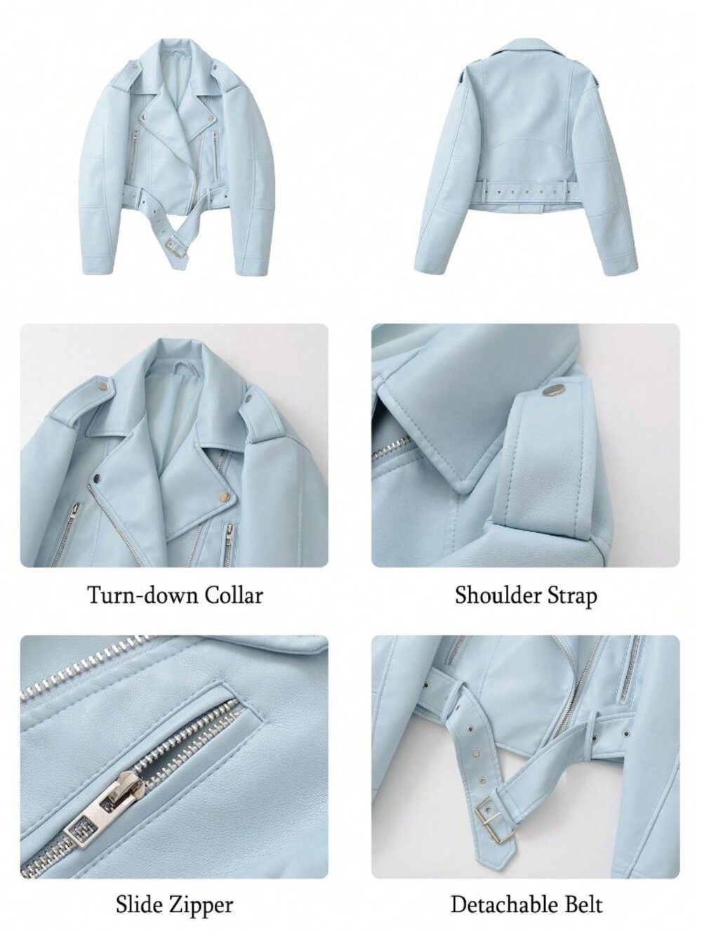 Baby Blue Casual Women's Minimalist Zip-Up Short faux leather Jacket - Picture 3 of 8